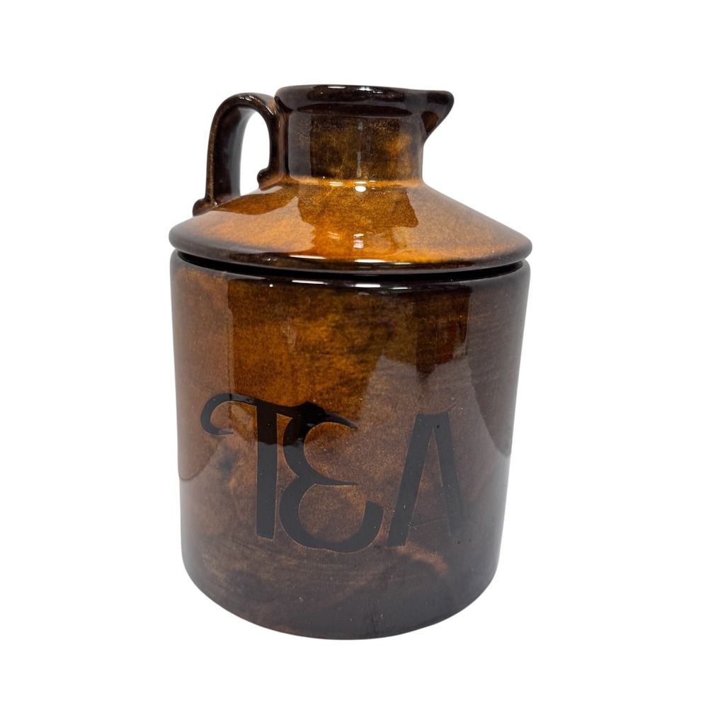 Vintage Holiday Designs Brown Glazed Ceramic TEA Canister Jug Lid USA